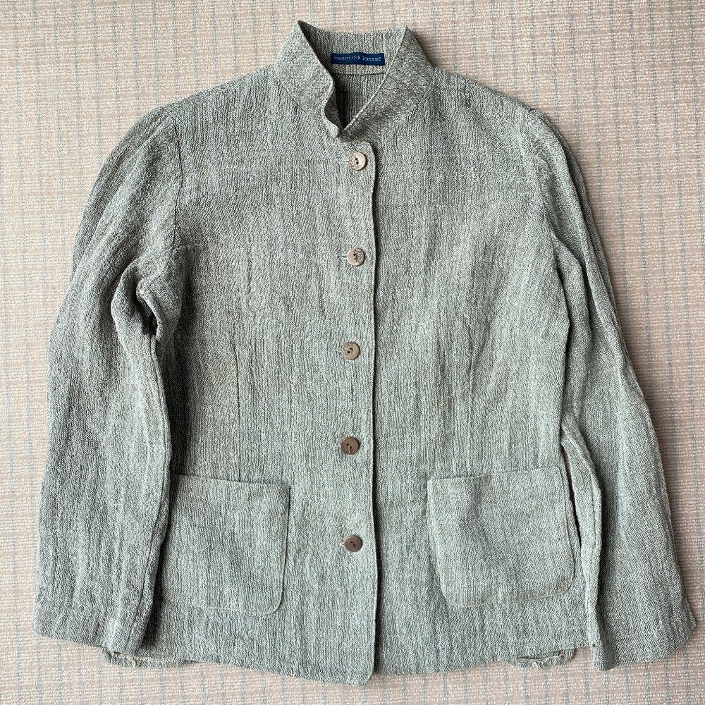 Caroline Freese Casual Tan French Linen Jacket, Wooden Buttons, Pockets, Size 38